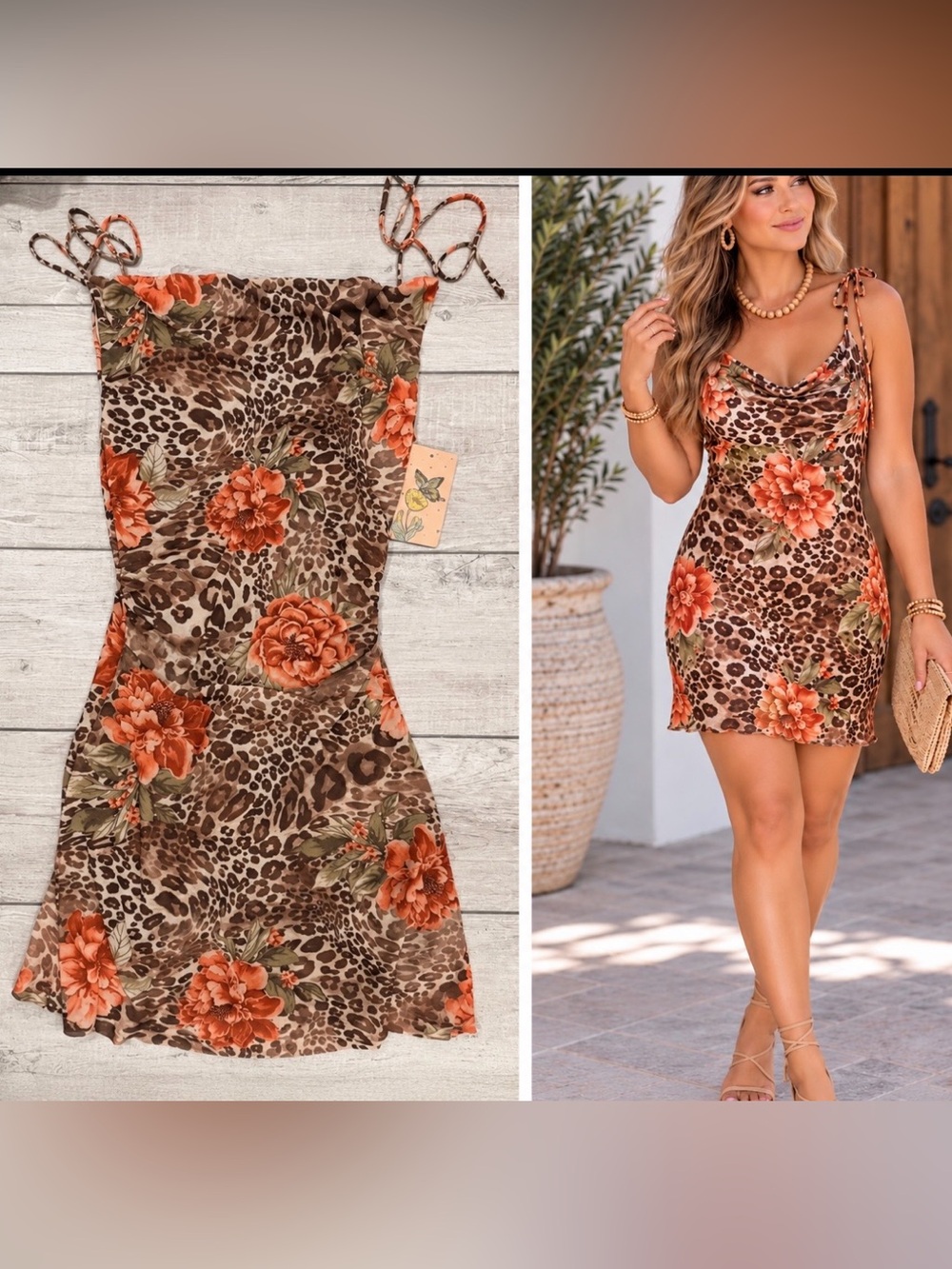 NWT Persaya Statement Orange and Brown Floral Leopard Mini Slip Dress sz L
